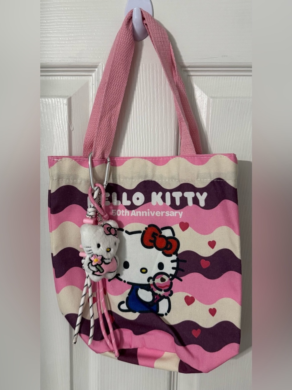 Hello Kitty Pink Cream and Purple Wave Tote with Plush Charm